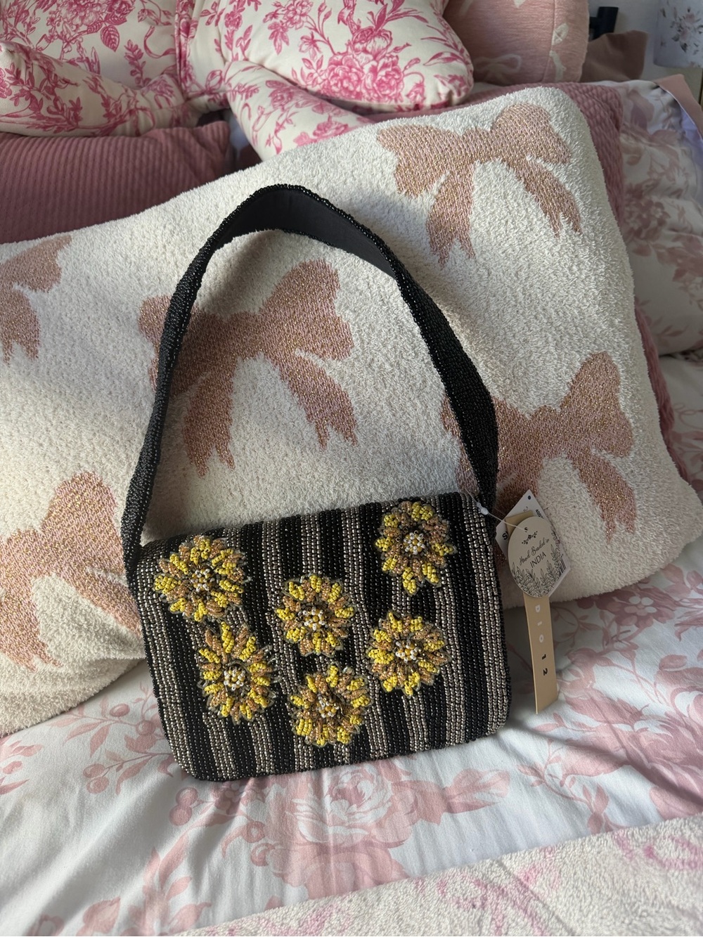 Hand-Beaded Black and Yellow Floral Shoulder Bag